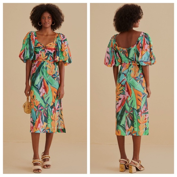 Farm Rio Banana Foliage Multicolor Puff Sleve Midi Dress